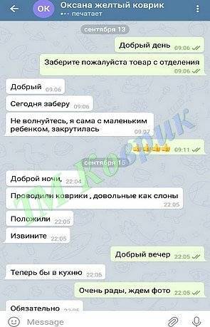 Скриншот відгуку клієнта ТМ Коврик № 347
